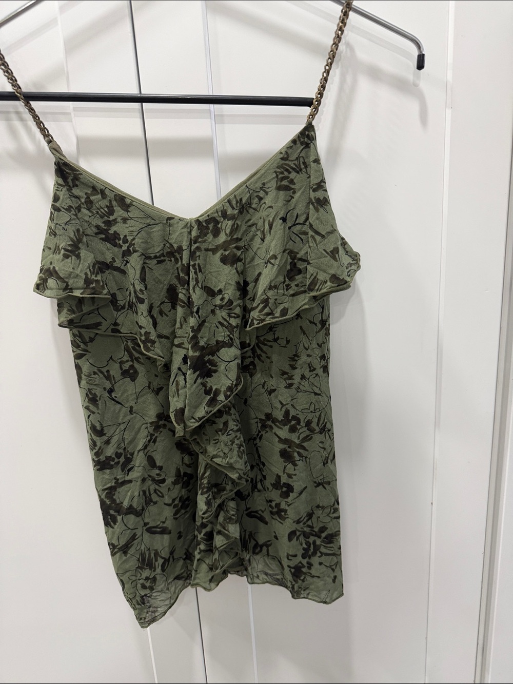 Express Olive & Black Floral Ruffle Cami with Chain Straps